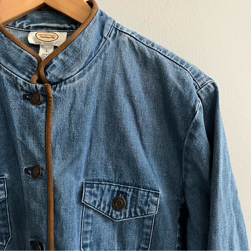 Talbots Vintage Denim Jacket Layering Top Size L Suede Trim Equestrian Western - Picture 5 of 7